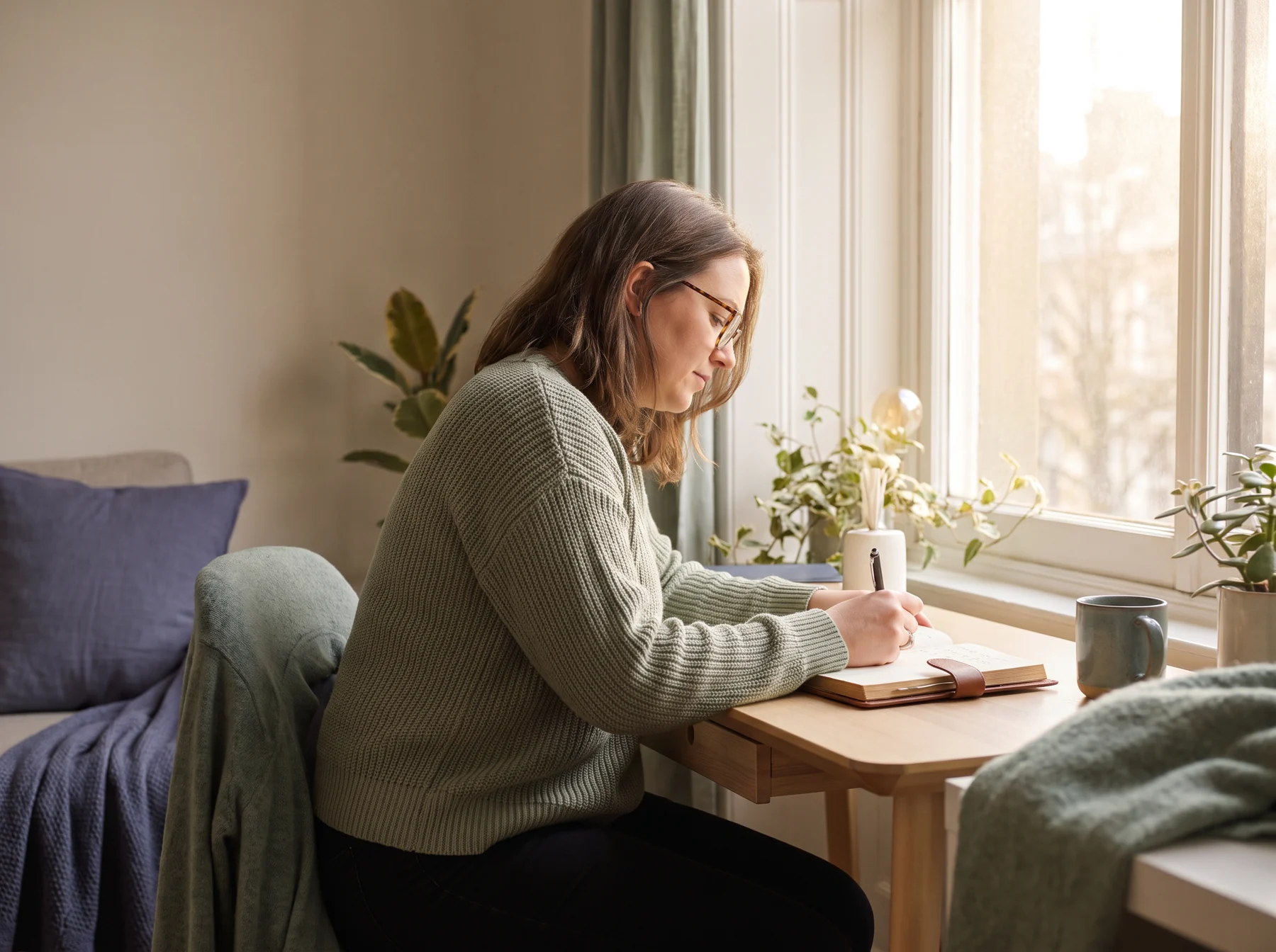 Professional writing by a window