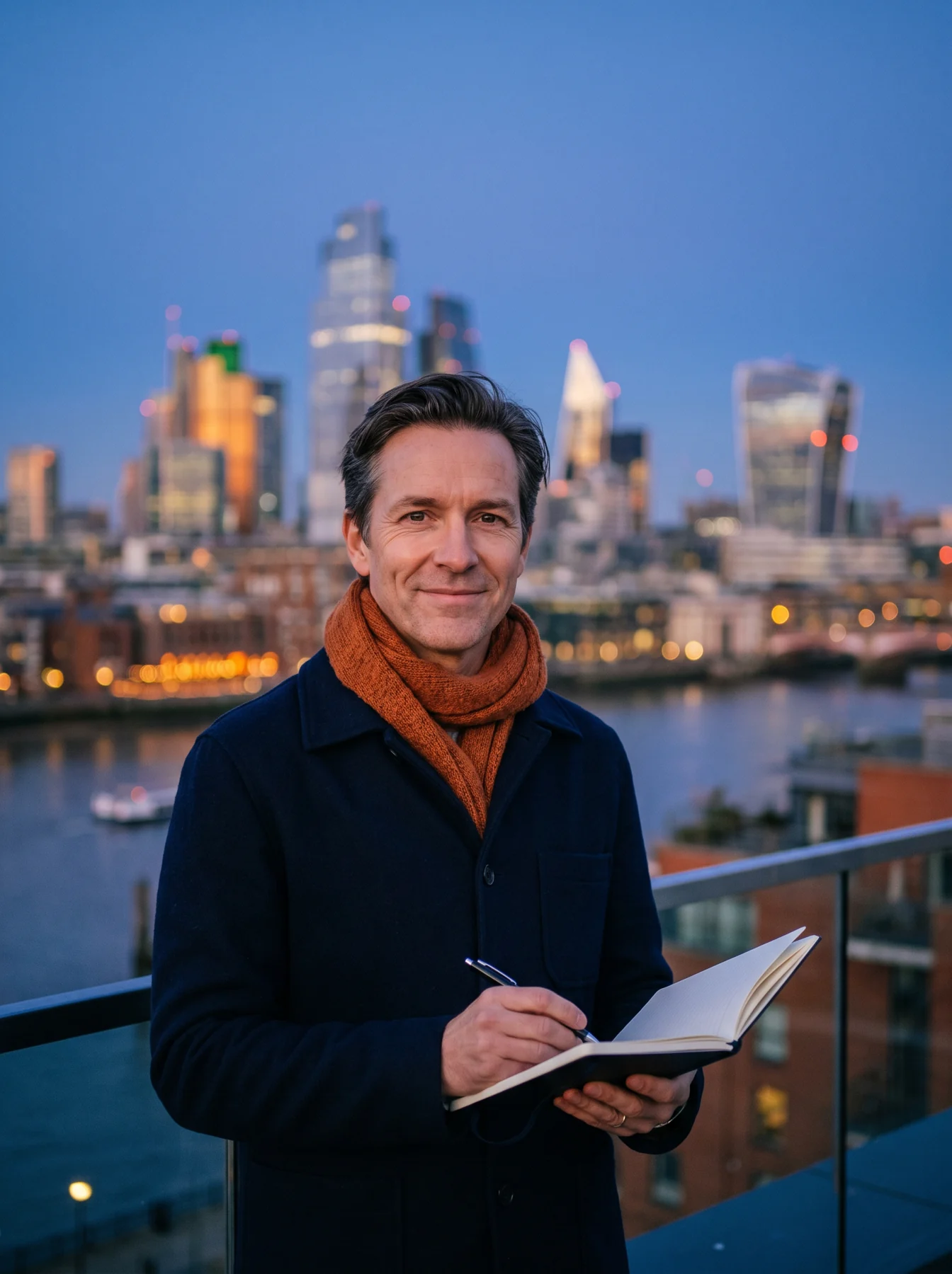 Professional with notebook at dusk